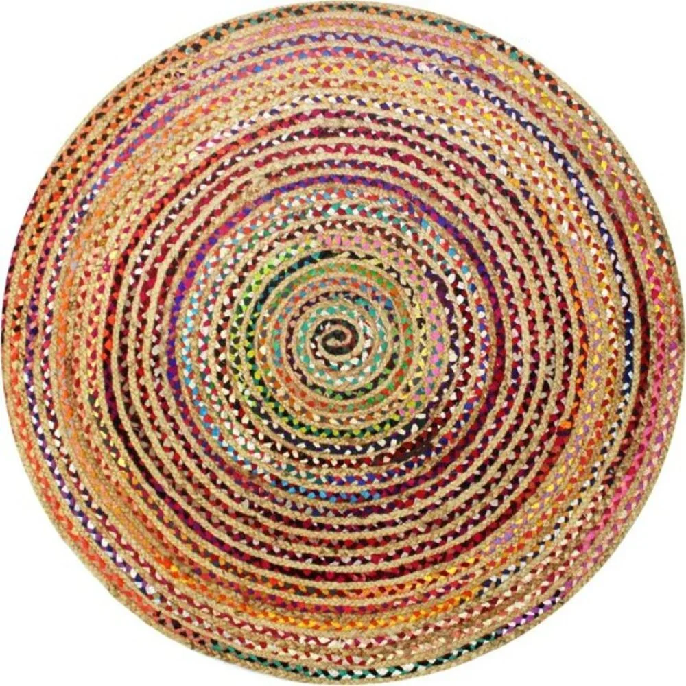 New 3ft Round Jute Cotton Chindi Rug, Boho Farmhouse Handwoven Reversible Mat
